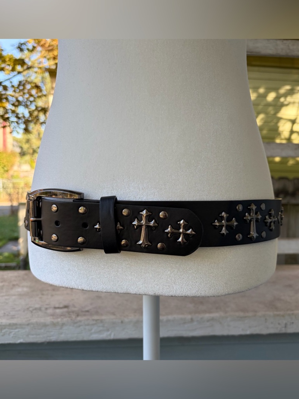 Black Faux Leather Silver Cross Gothic Belt